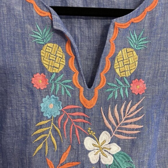 Talbots Women S Blue Linen Cotton Tropical Floral Embroidered Split Neck Top - Picture 7 of 11